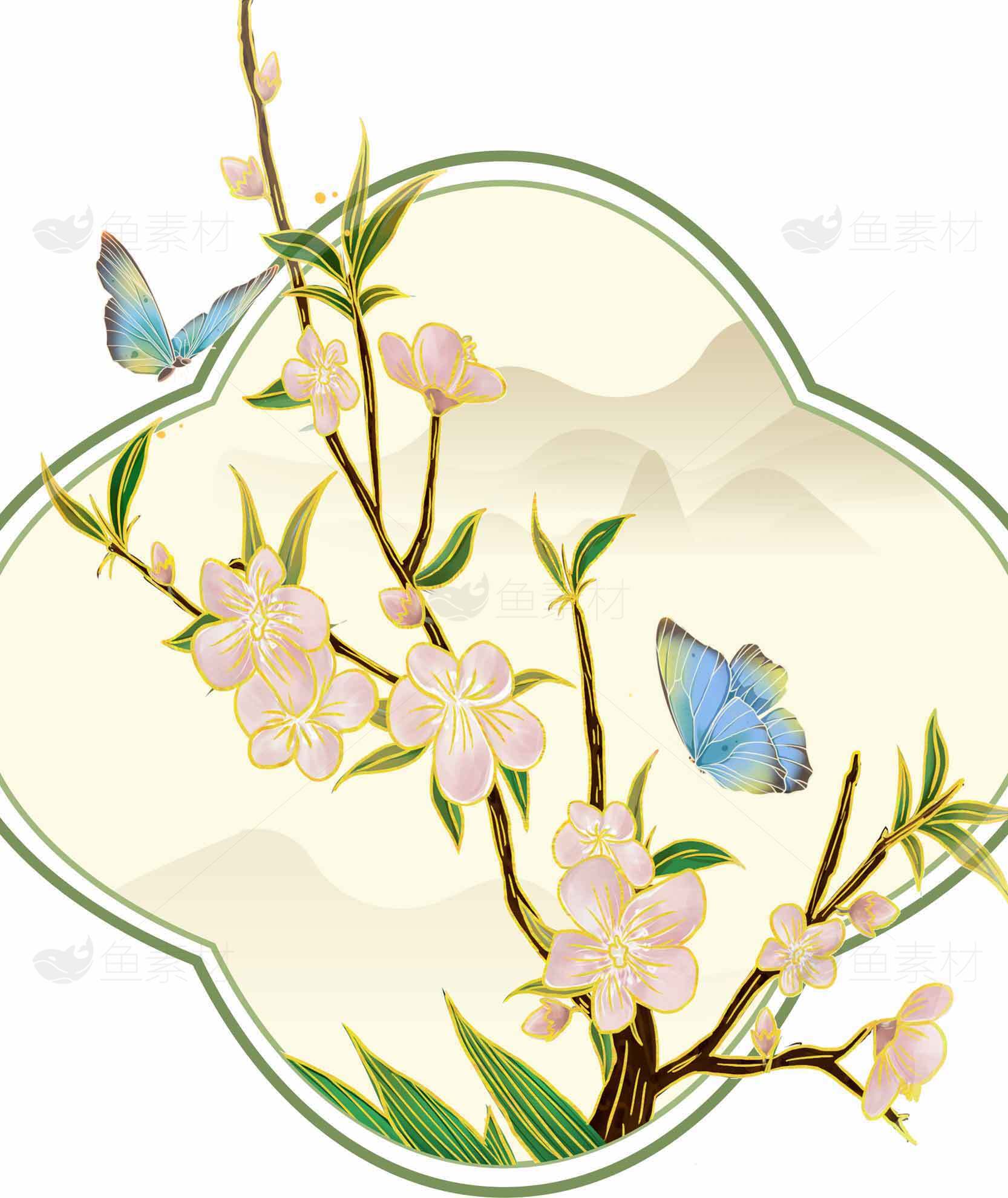 春日桃花与蝴蝶插画唯美意境图素材