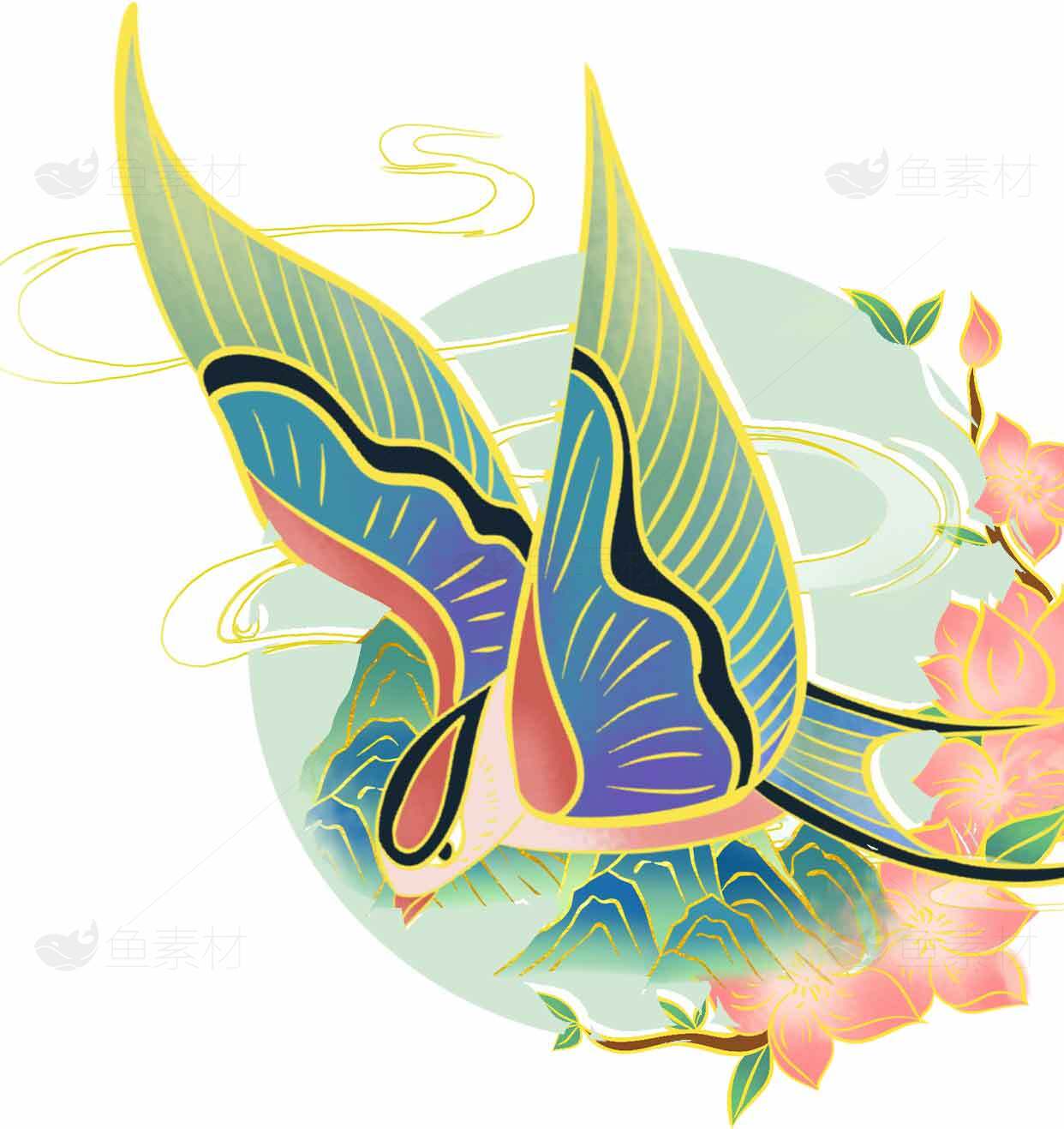 唯美中国风彩绘燕子与花朵插画素材