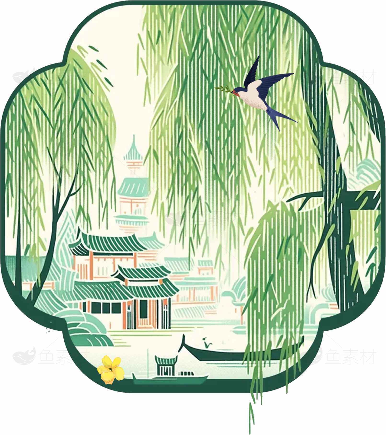 江南水乡风景插画：柳树与古建筑的唯美意境素材