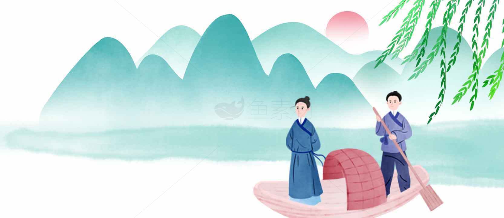 山水画风古风插画：渔舟唱晚意境美素材
