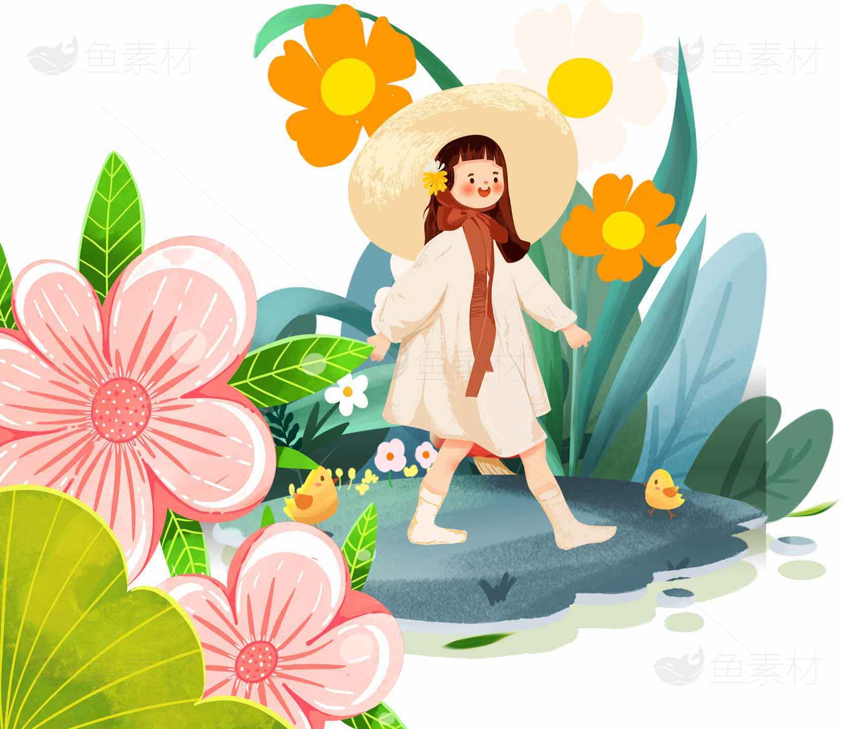 春日田园女孩插画唯美风景素材