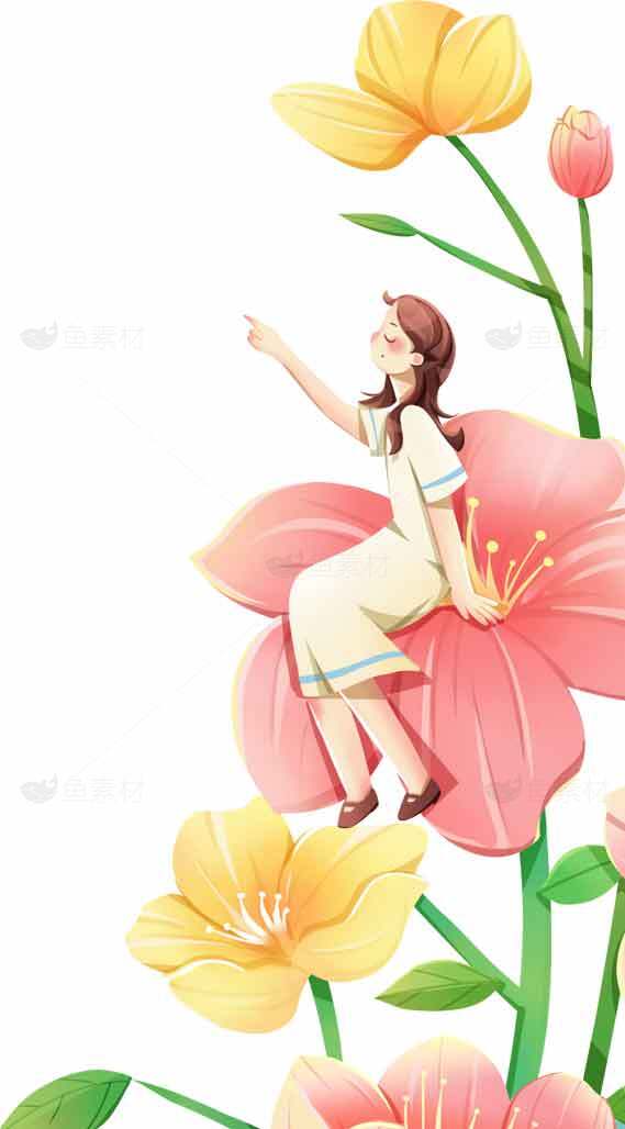 唯美插画：女孩坐在花朵上享受自然之美素材