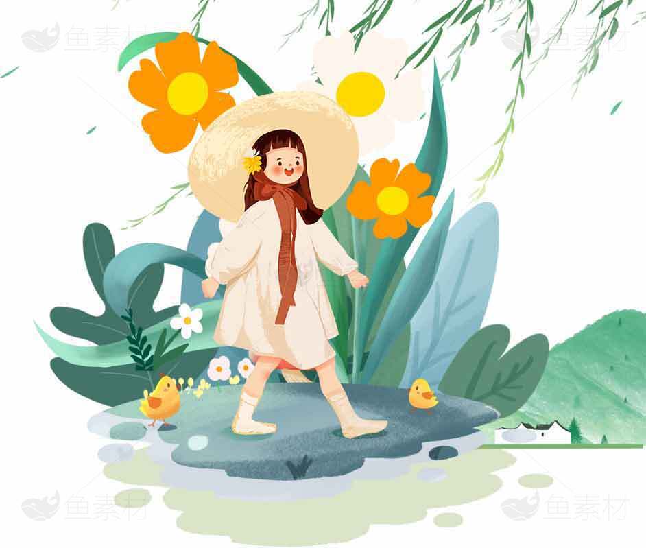 春日田园女孩插画：自然与童趣的完美结合素材