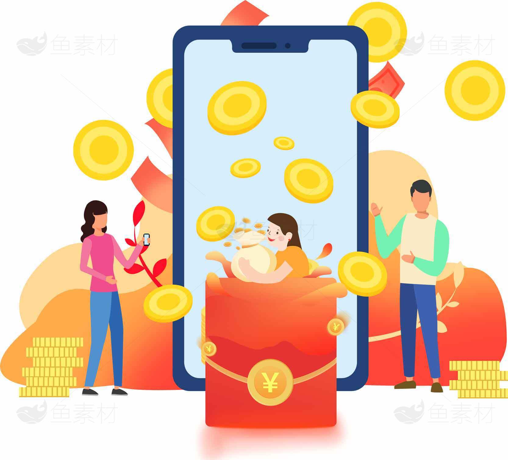 手机红包与金币飞舞的数字支付场景素材