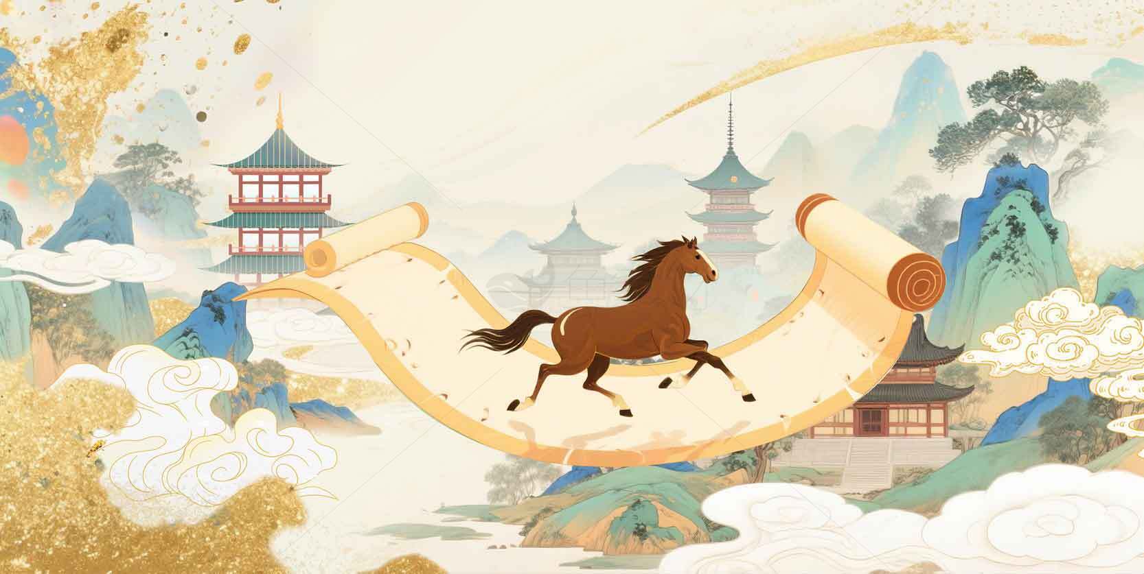 中国风水墨画卷轴与奔马意境插画素材