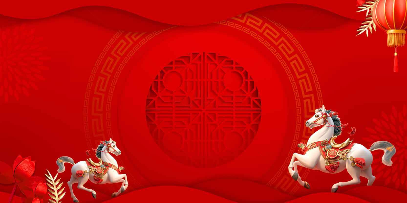 中国风红色背景与白马装饰设计素材