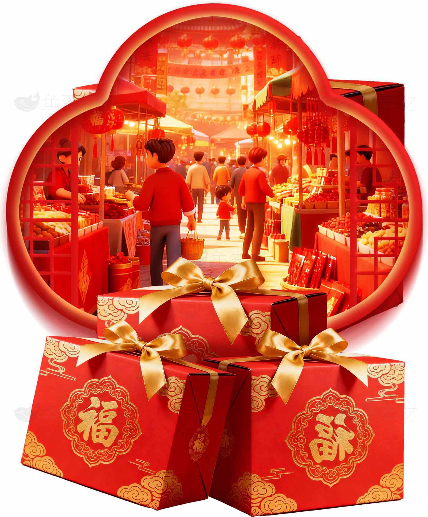 春节红色主题集市与礼盒图片素材