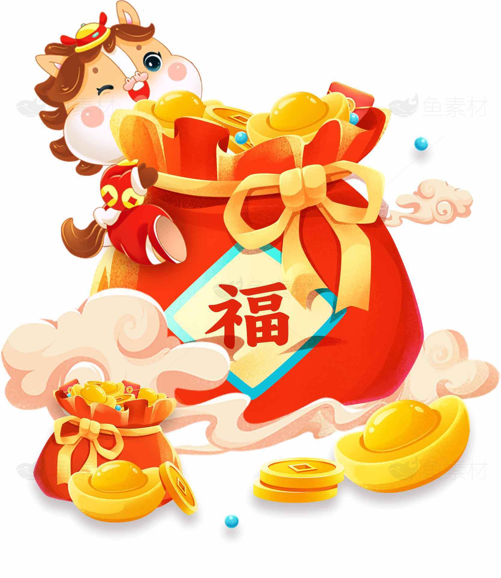 新年福袋插画设计：喜庆红色与金色元素素材