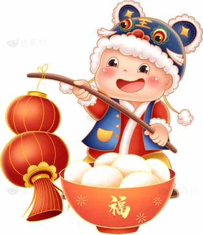 元宵节卡通插画：福气满满的团圆灯笼与汤圆素材