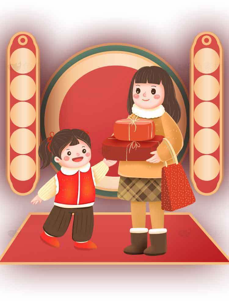 春节亲子温馨场景插画素材