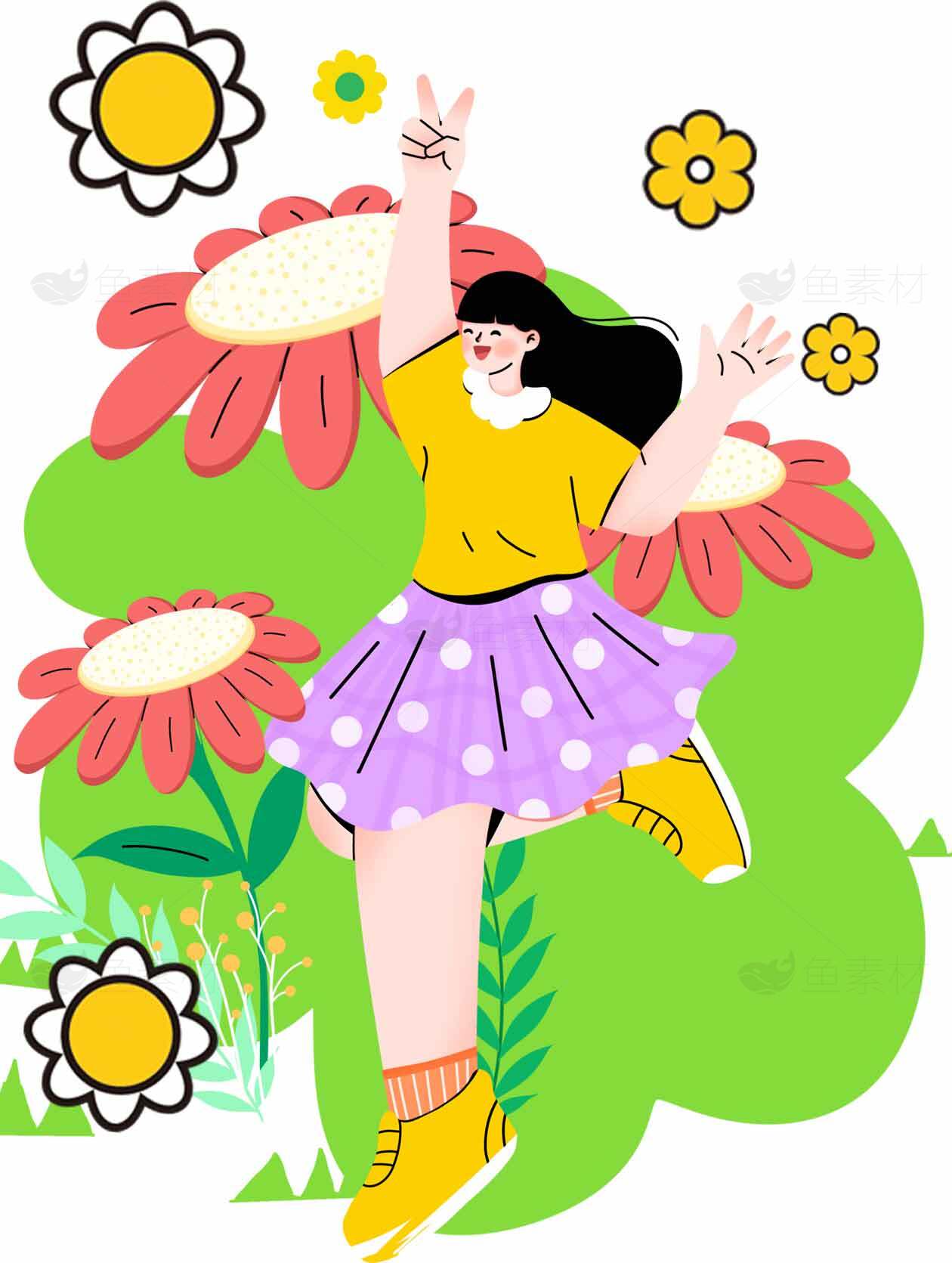 活力春日插画：女孩与花朵的明媚时光素材