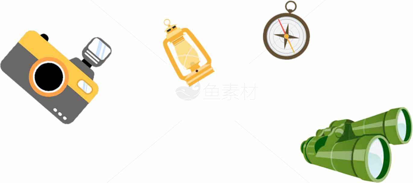 户外探险装备插图：相机、指南针、望远镜和灯笼素材