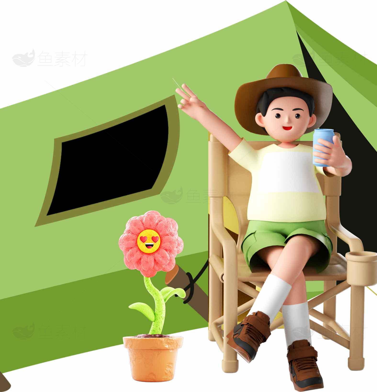 户外露营休闲场景：绿帐篷与花盆装饰素材