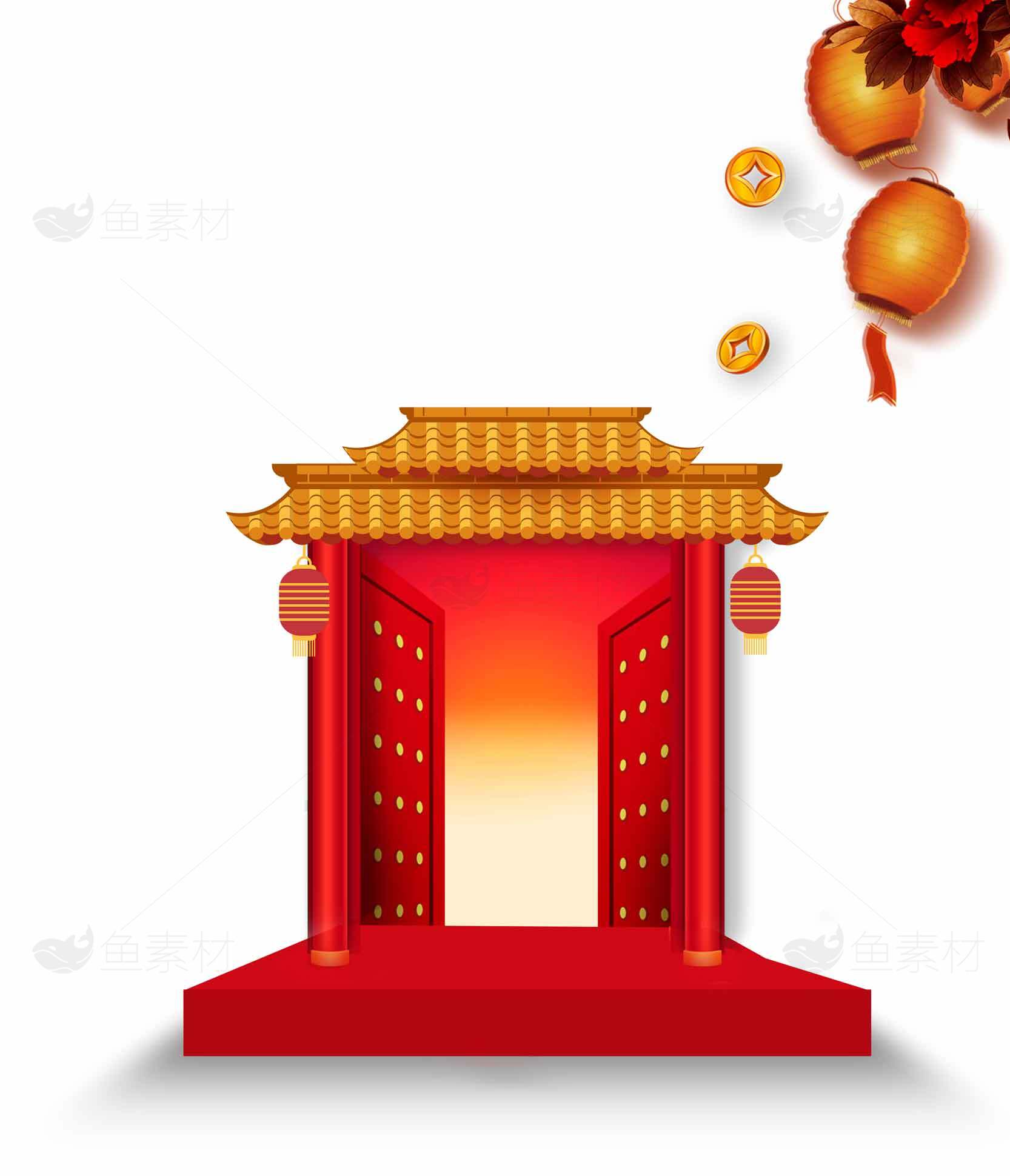 中国传统红色门楼设计与春节装饰素材