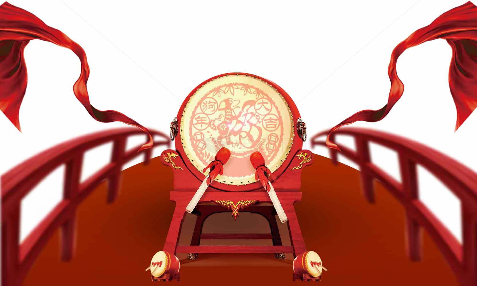 传统红色鼓与桥的艺术设计素材