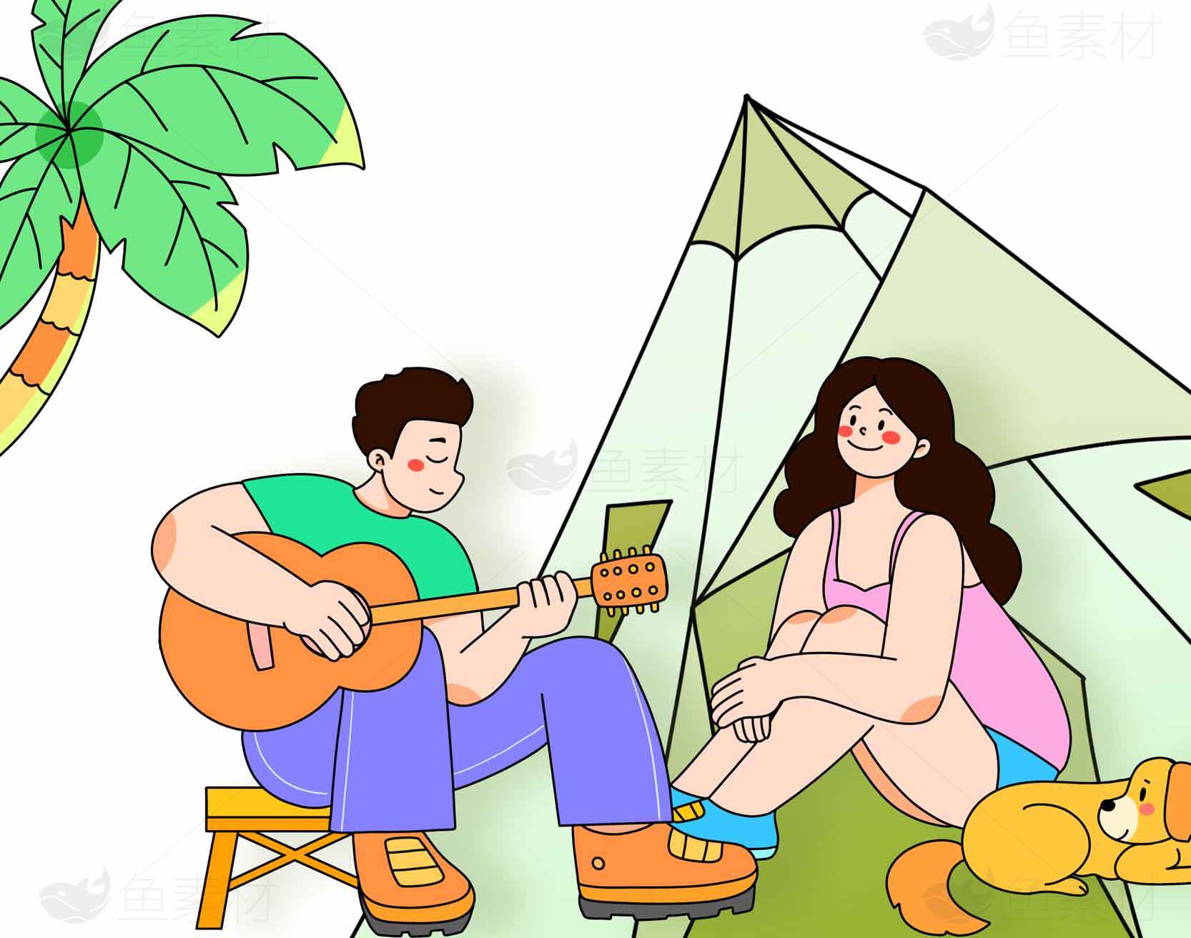 户外露营插画：吉他与自然的和谐时光素材
