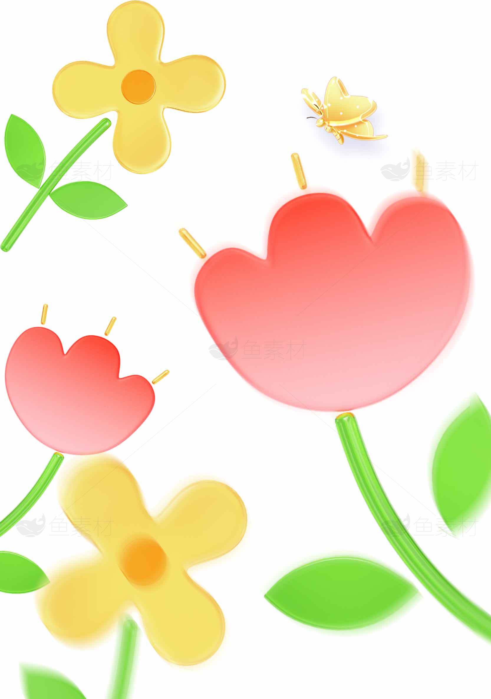 春日花卉插画设计：清新自然的花朵与蝴蝶素材