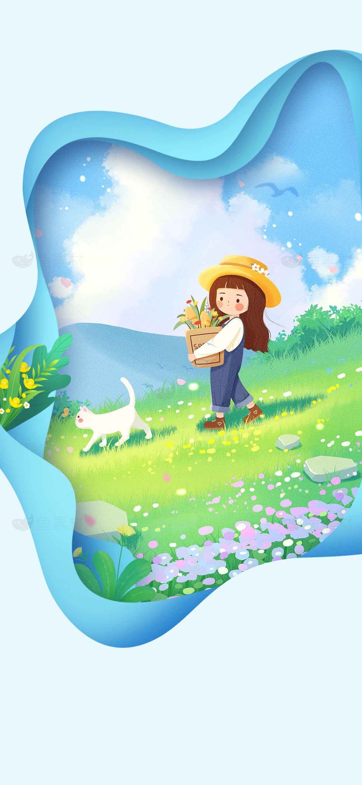 田园风光插画：女孩与猫的悠闲时光素材