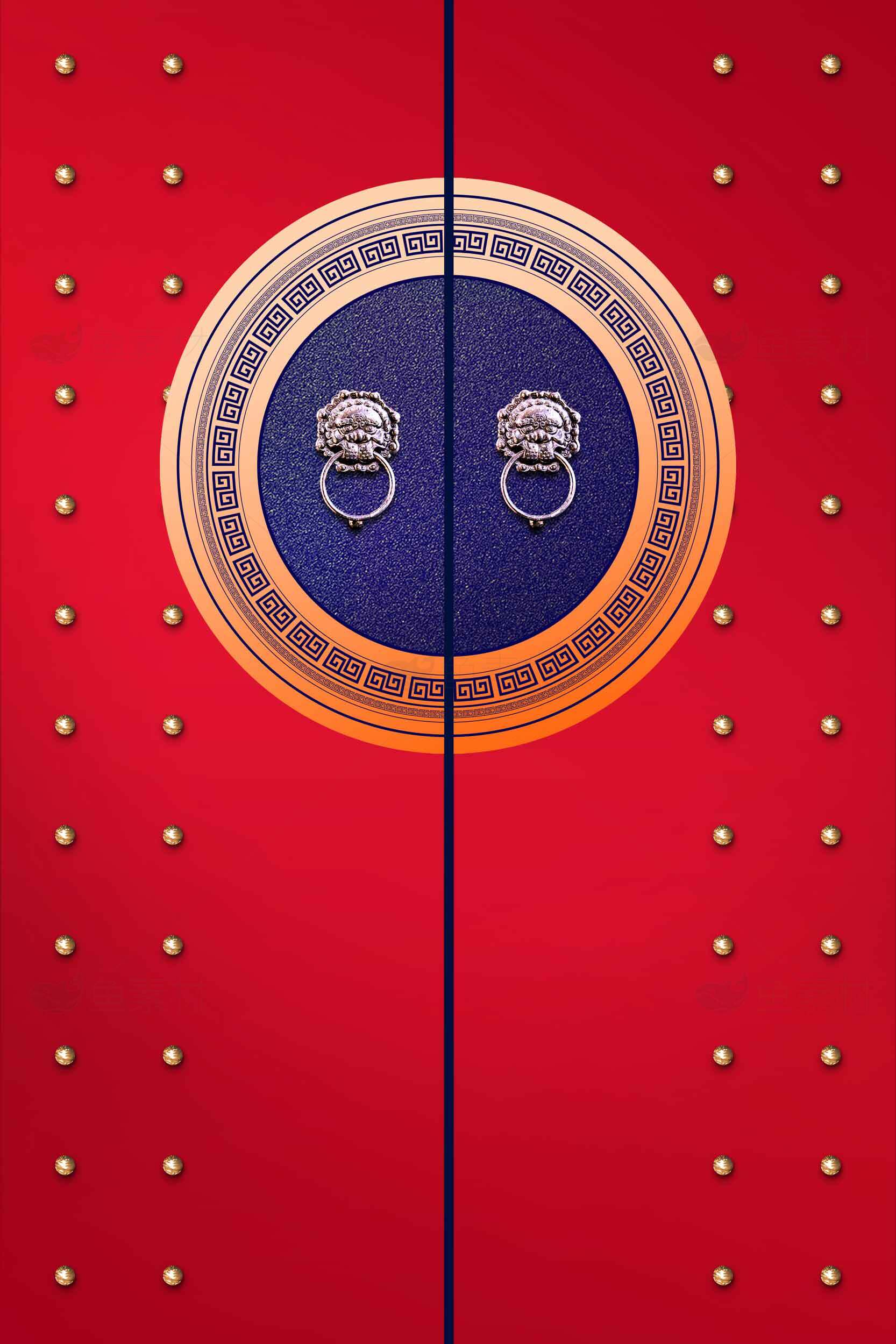 中国传统红色大门与狮头门环设计素材