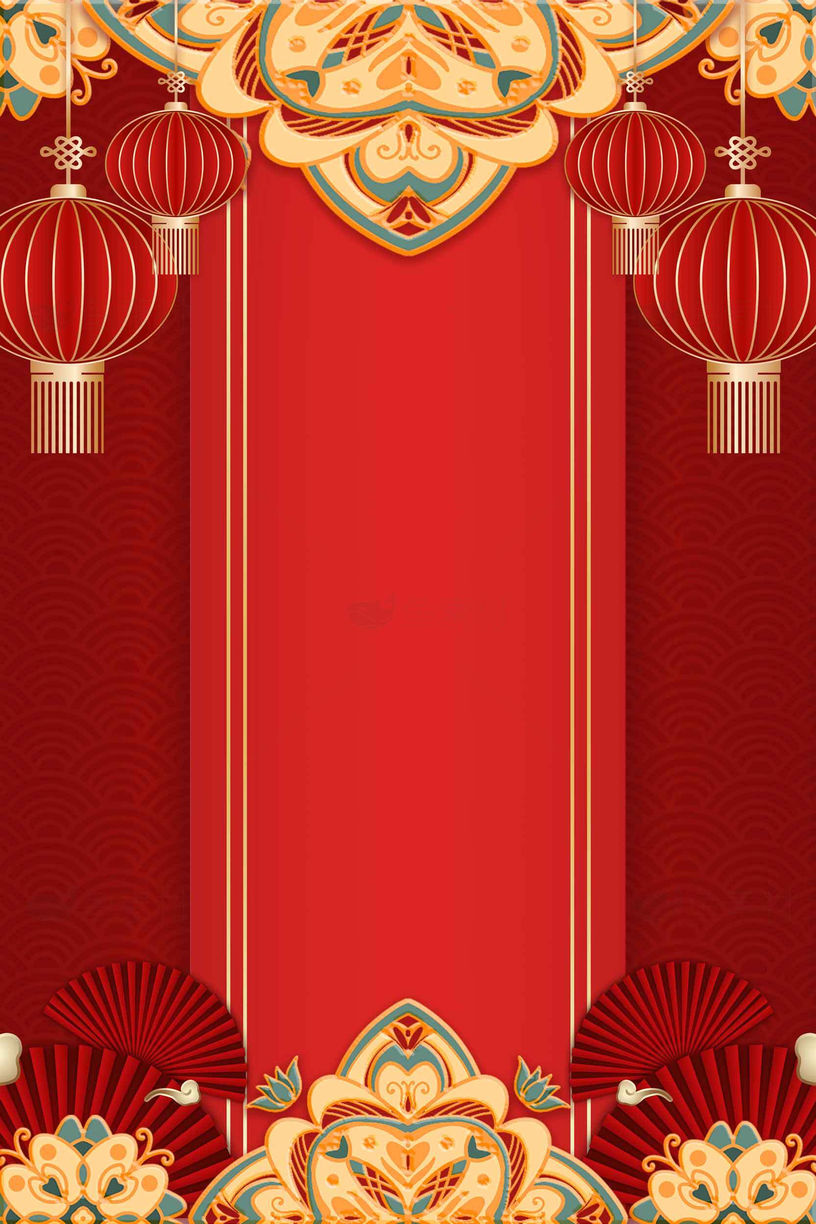 中国传统红色背景设计，灯笼与花纹装饰素材