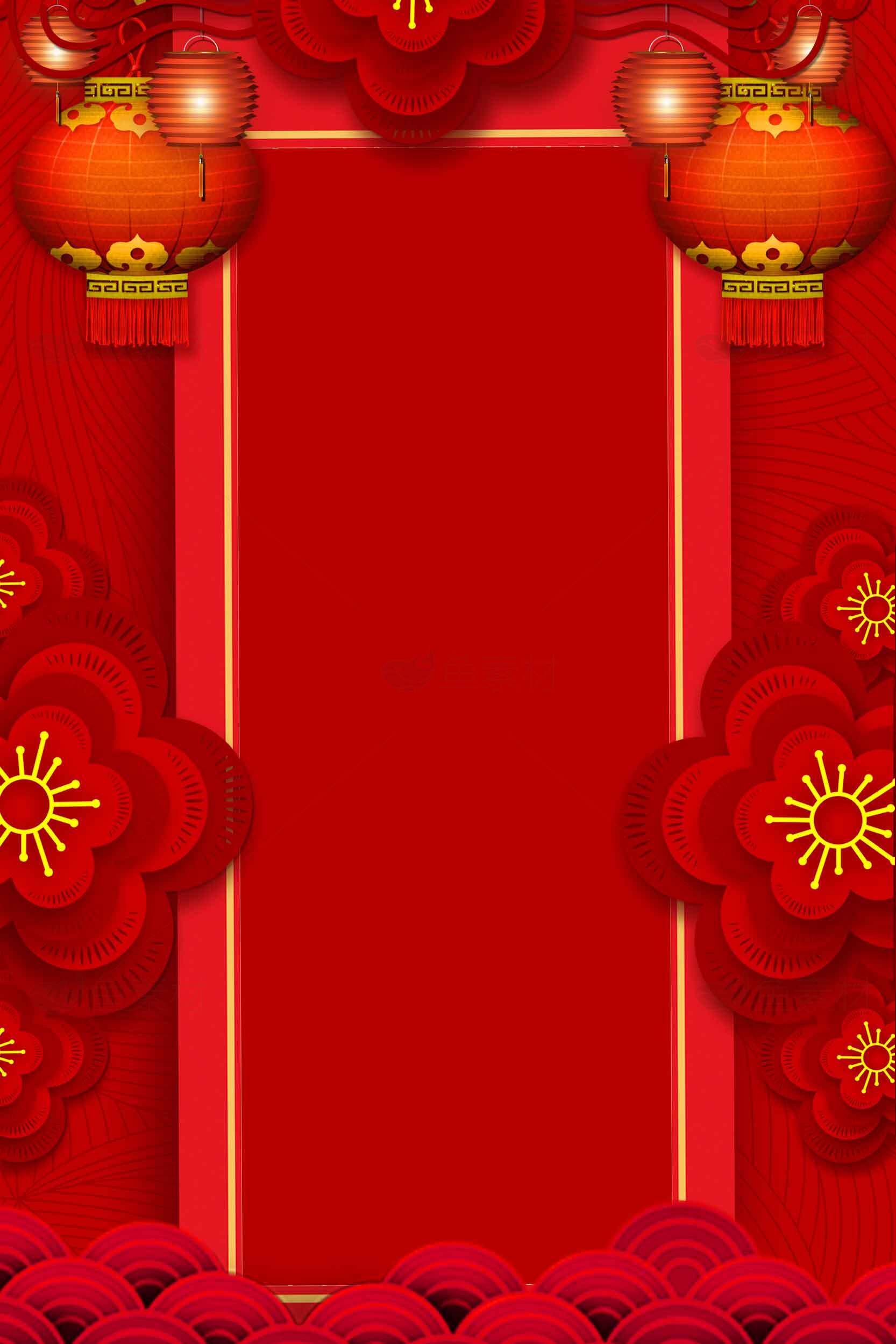 中国传统红色背景设计：灯笼与花朵装饰素材