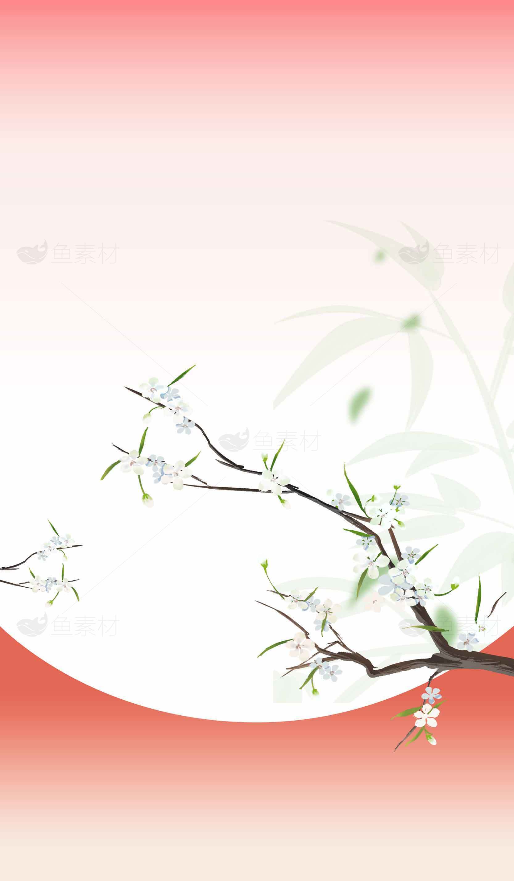 唯美红白渐变背景的梅花枝插画设计素材