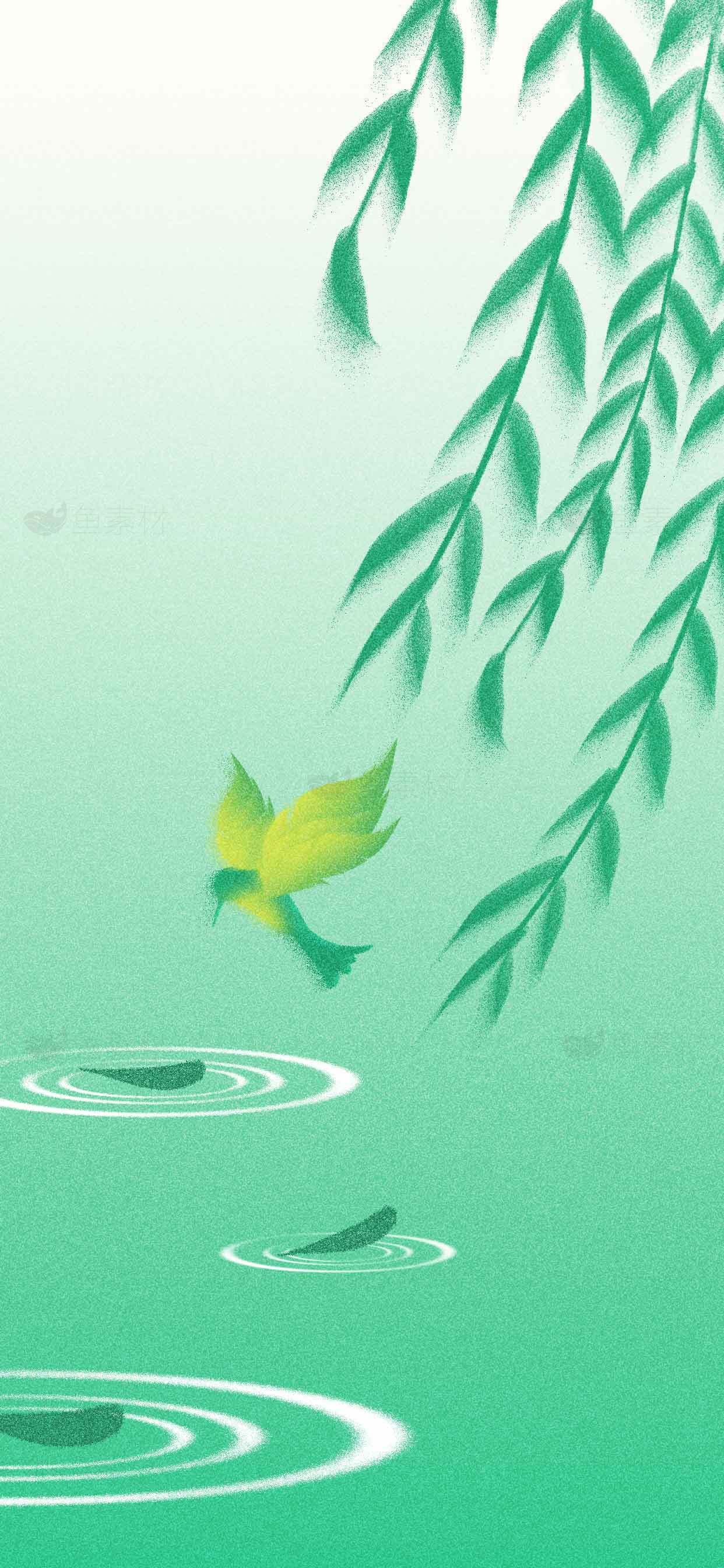 清新自然柳叶与飞鸟背景图片素材