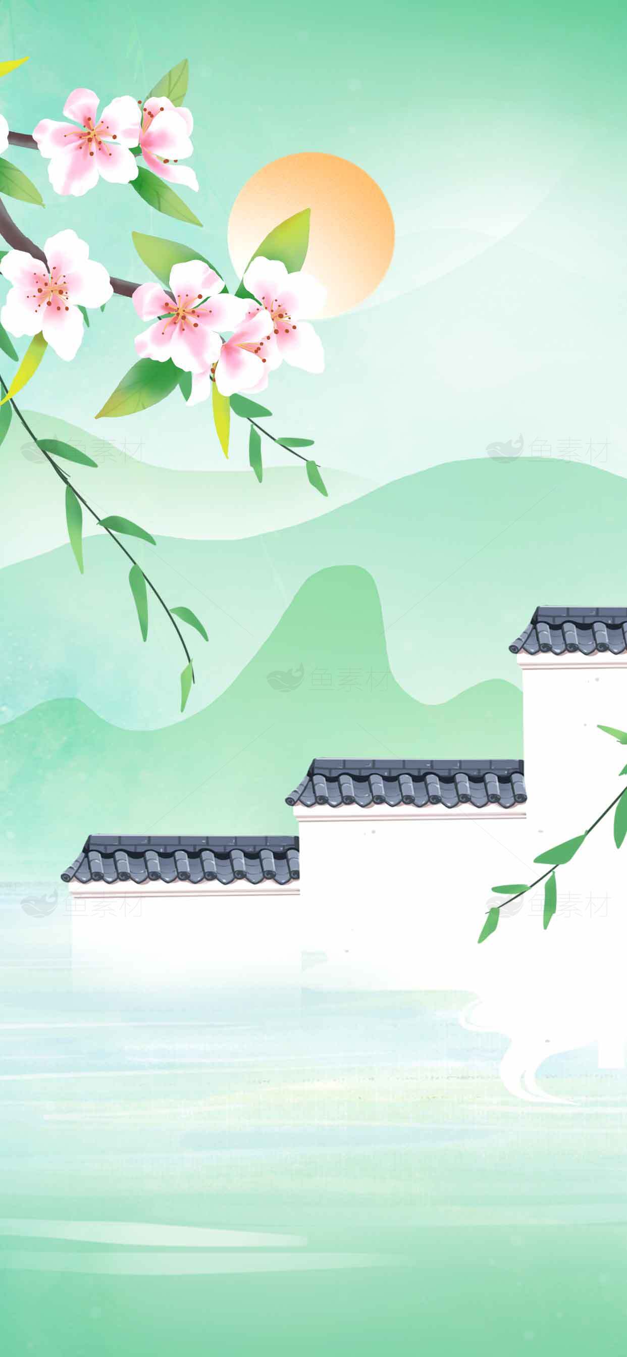 春日江南水乡风景插画背景素材