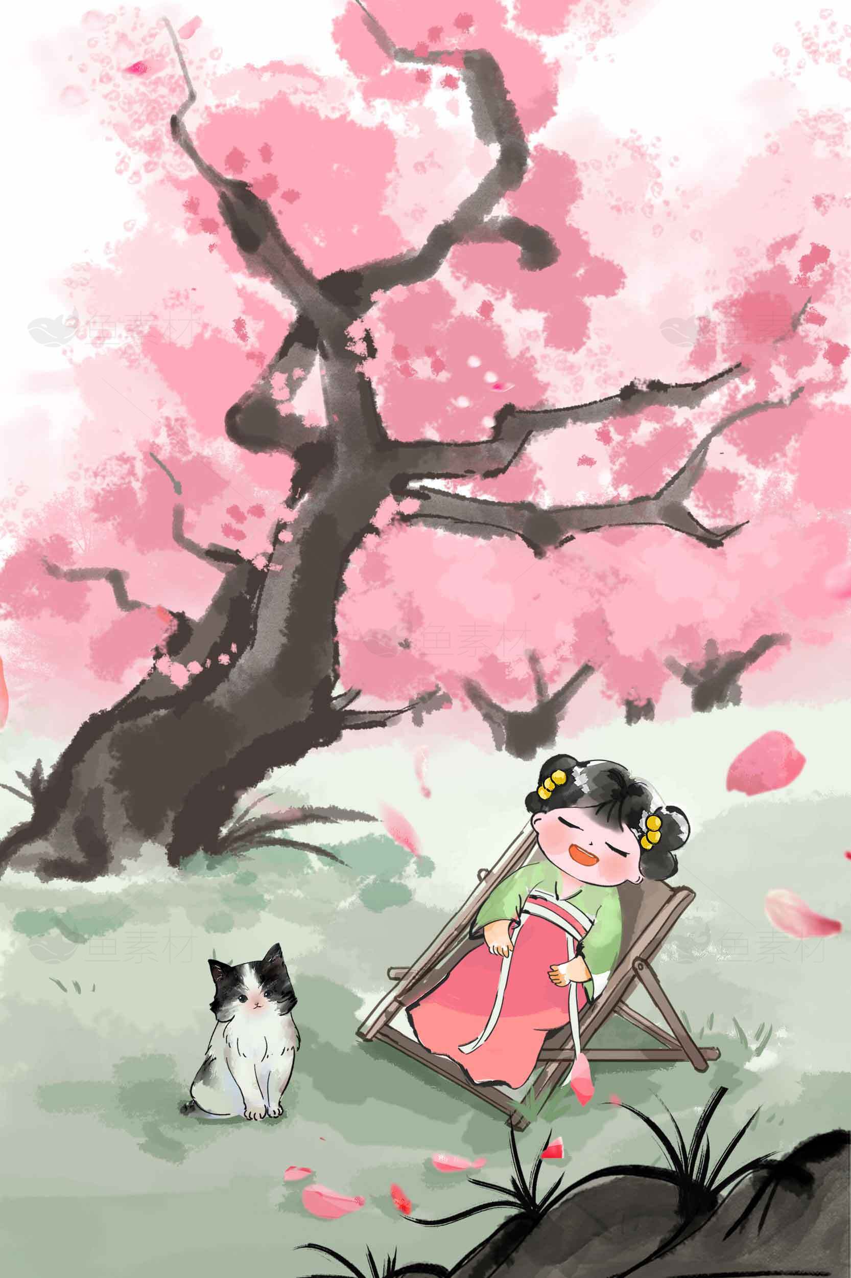 春日桃花树下的悠闲时光插画素材