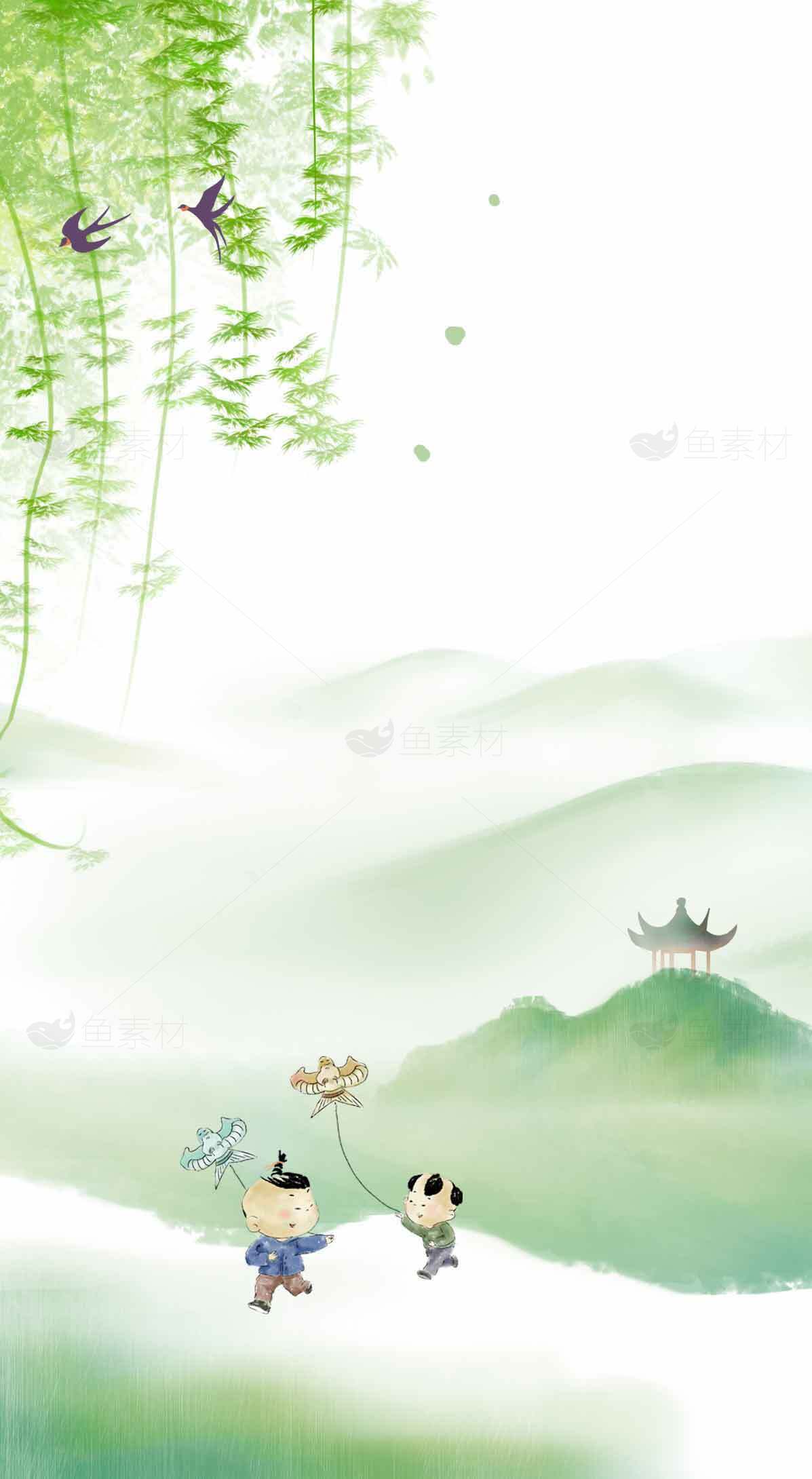 国风水墨儿童插画背景图片素材