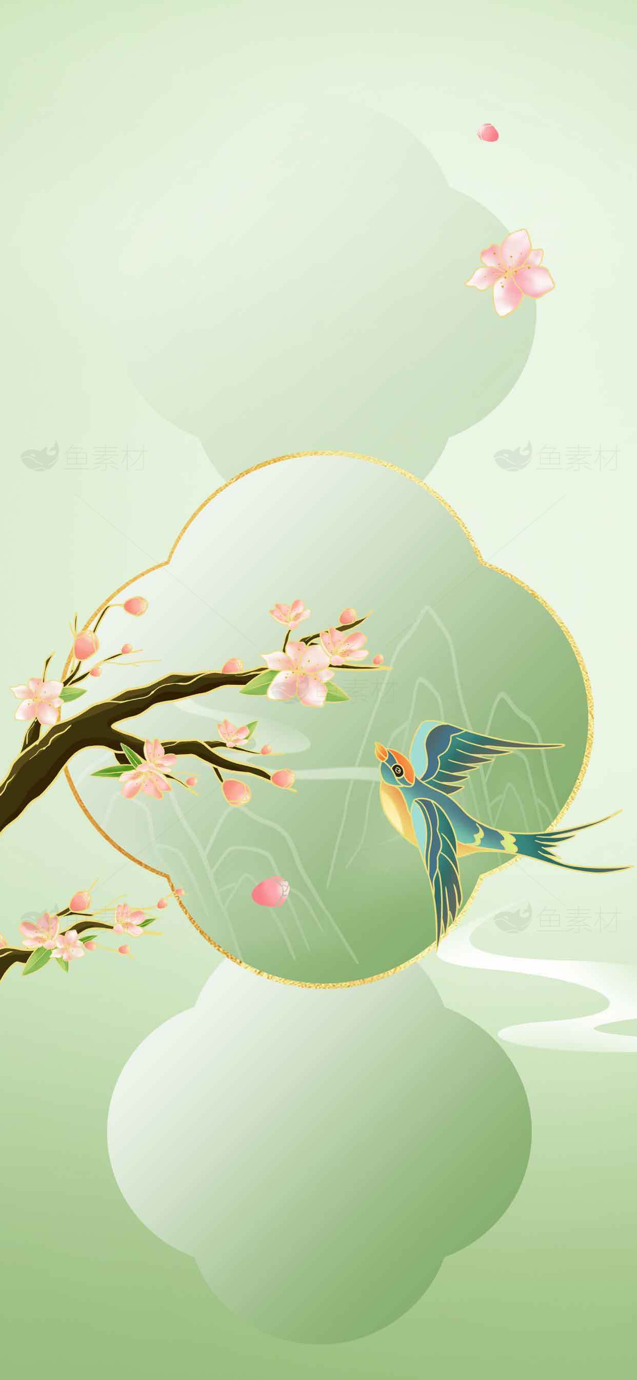 春日桃花与飞鸟国风插画背景素材