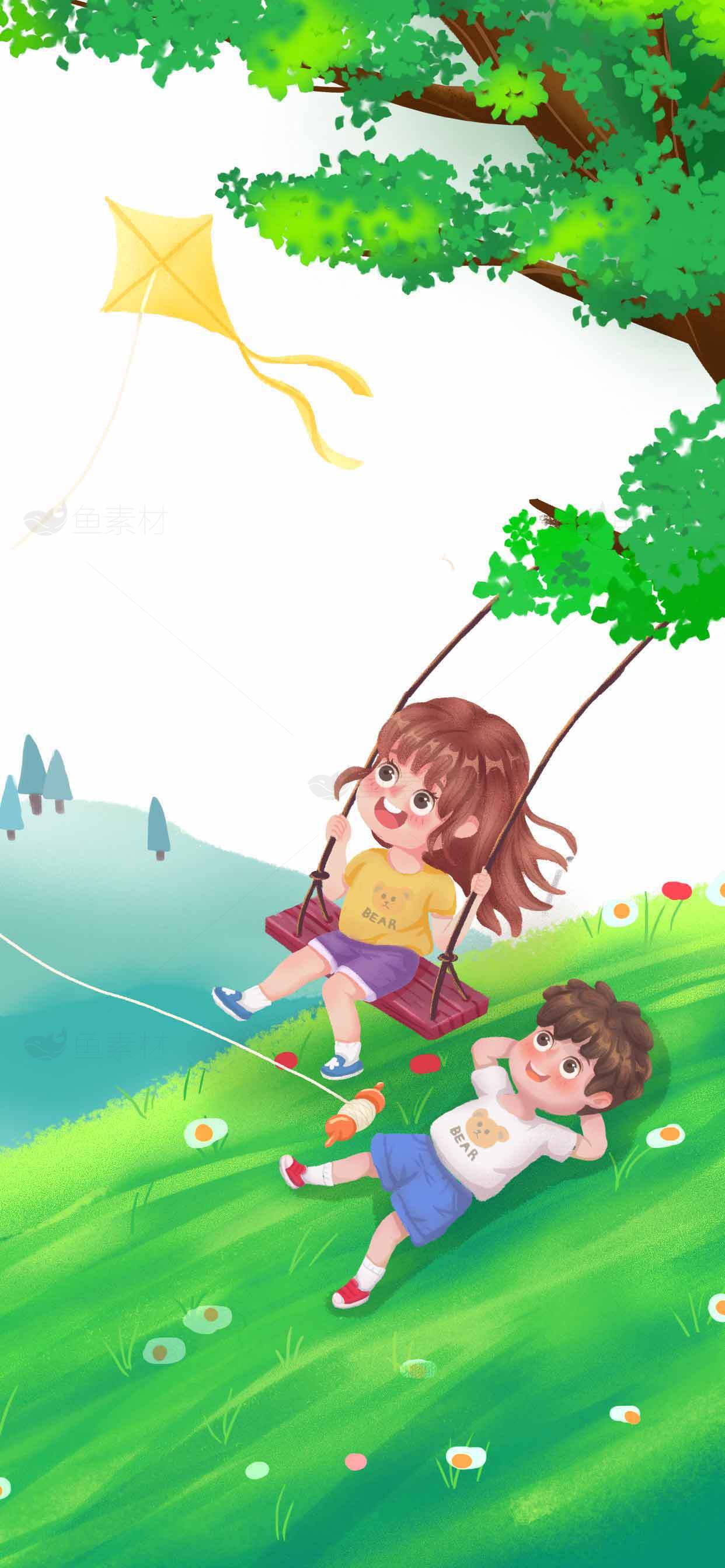 春日郊游：孩子们的秋千与风筝时光素材