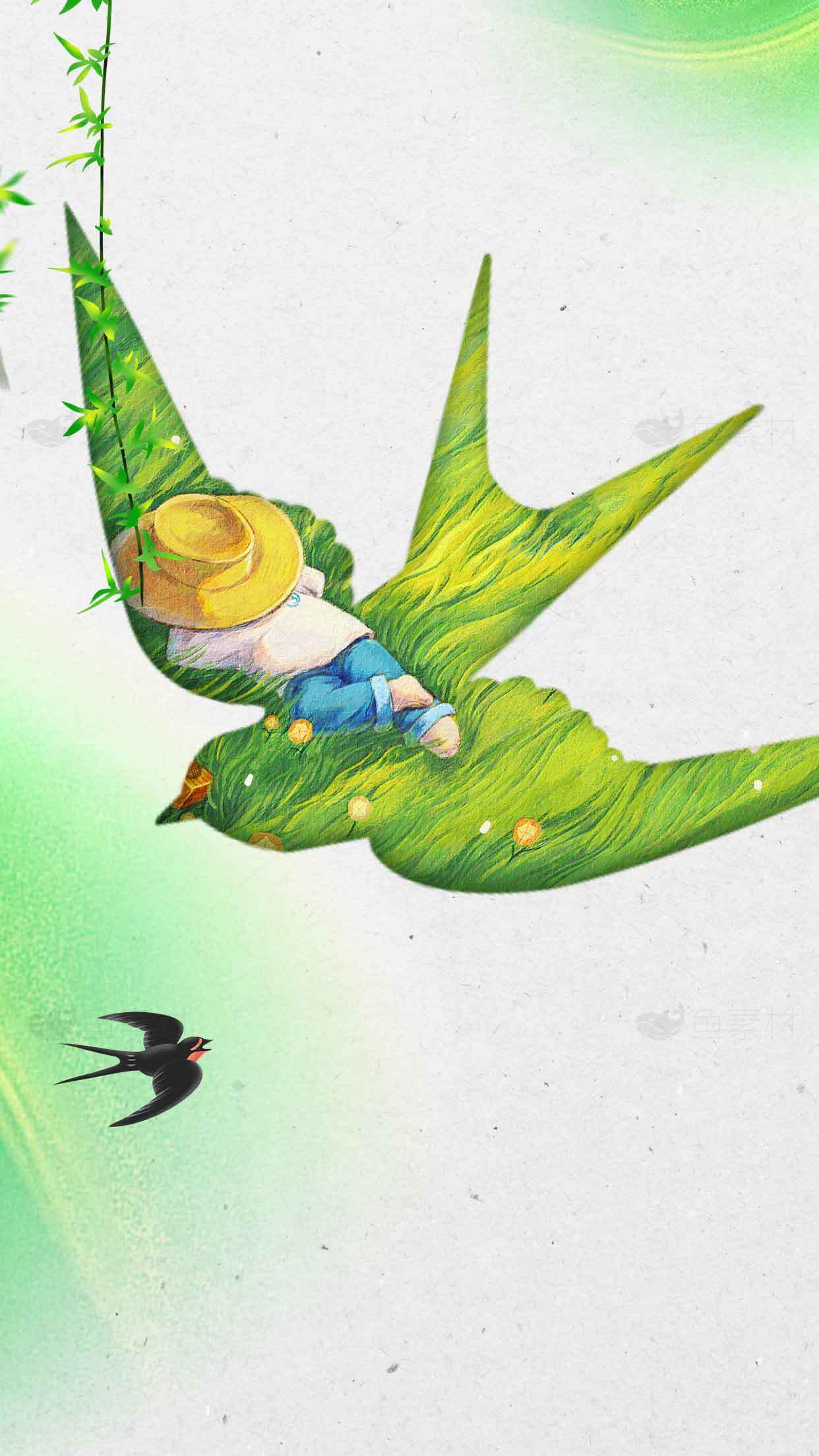 绿色自然童趣插画：人与鸟的和谐之美素材