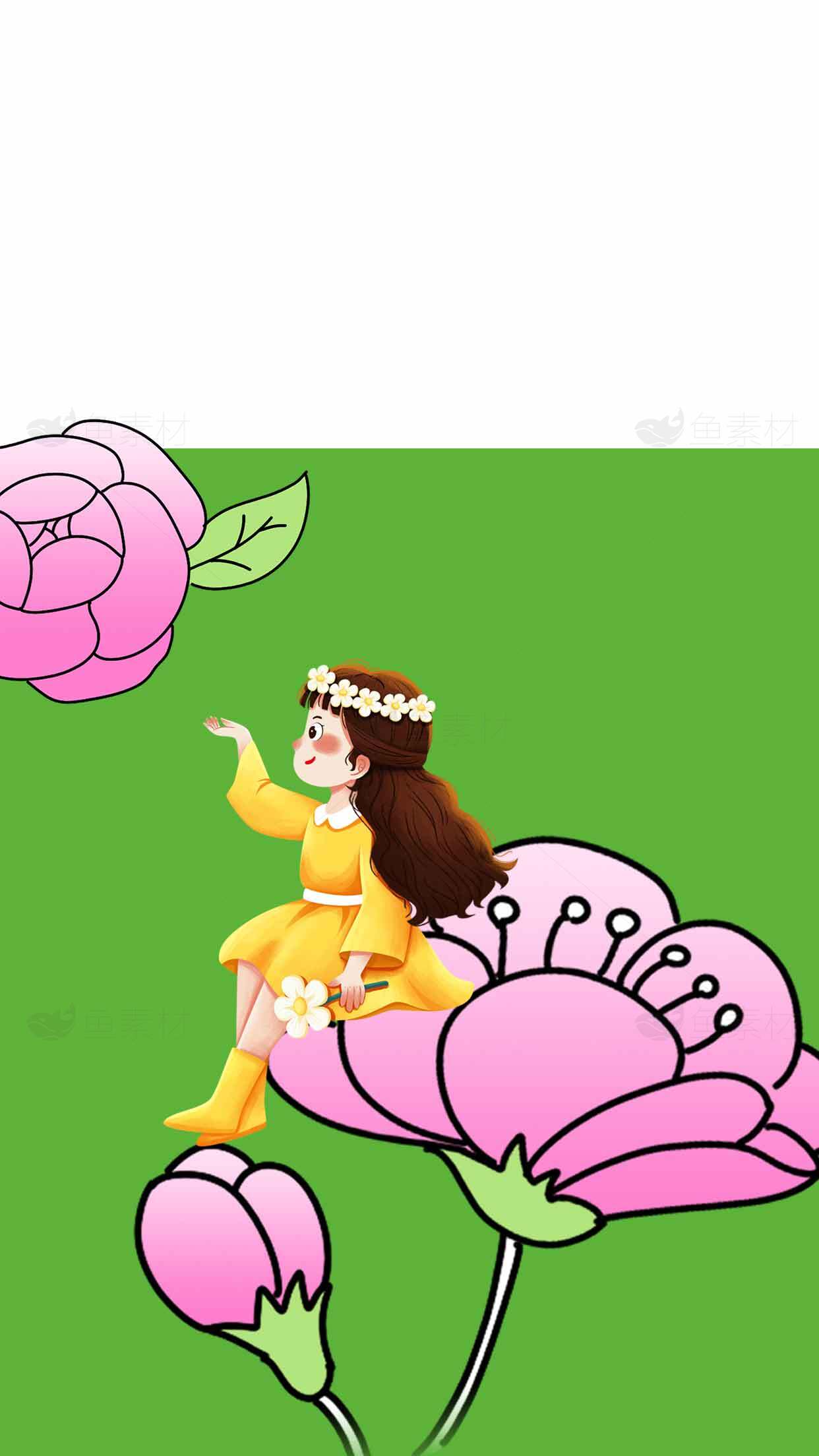 童话风格插画：花丛中的女孩素材