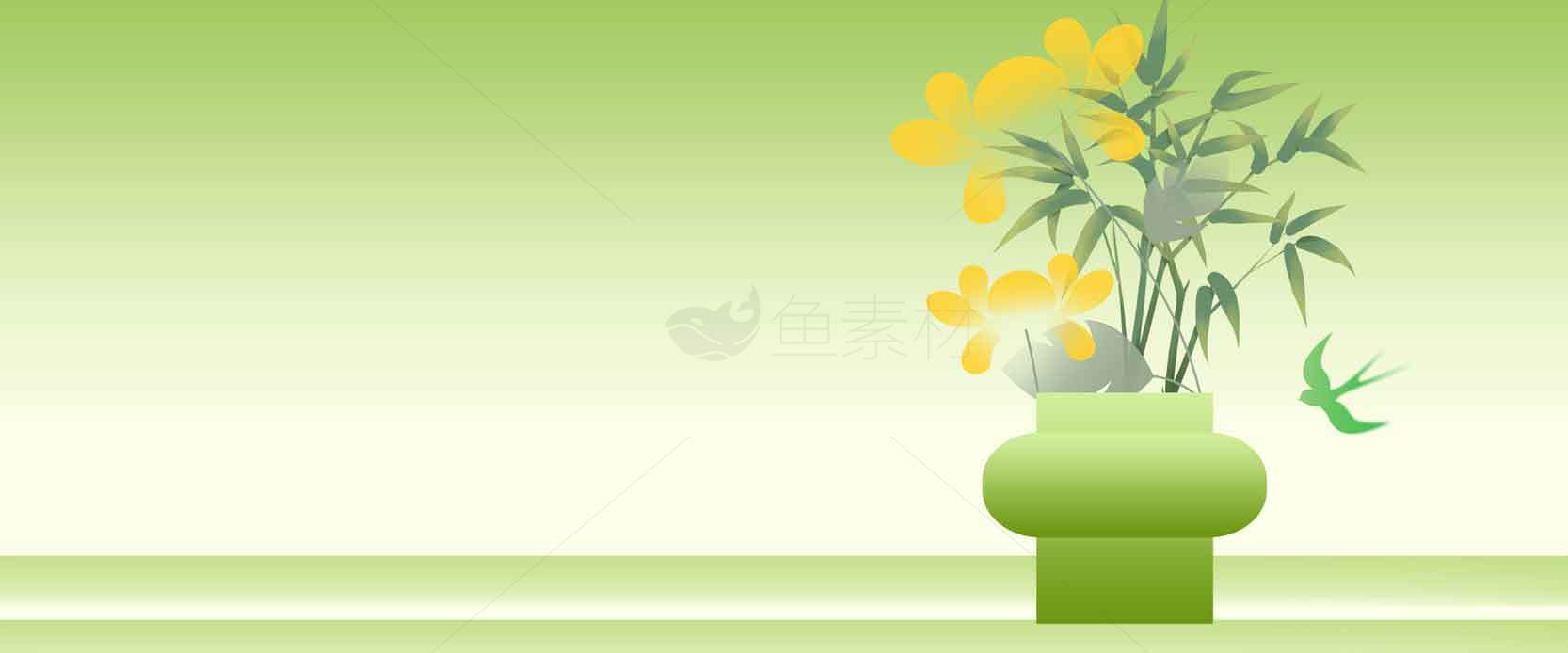 清新绿色背景中的竹子与花卉插画素材