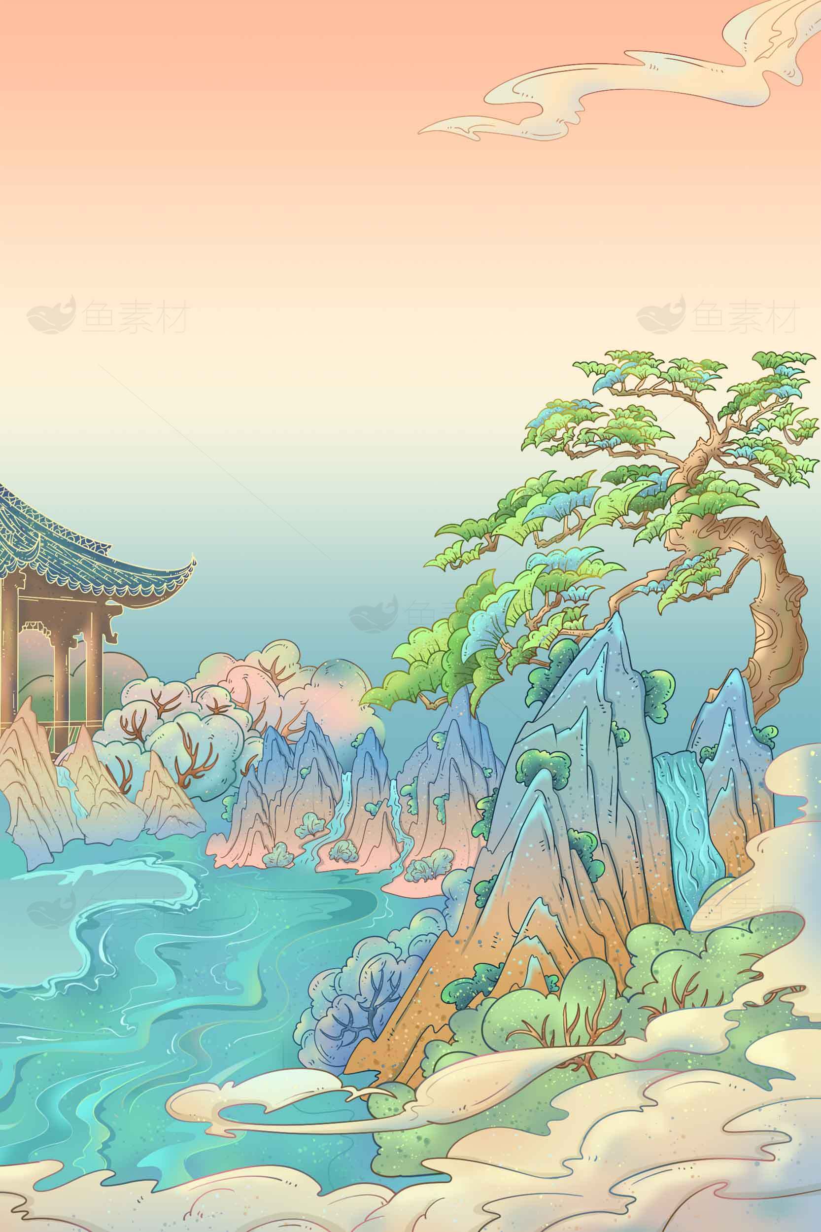 中国风山水画背景素材图片