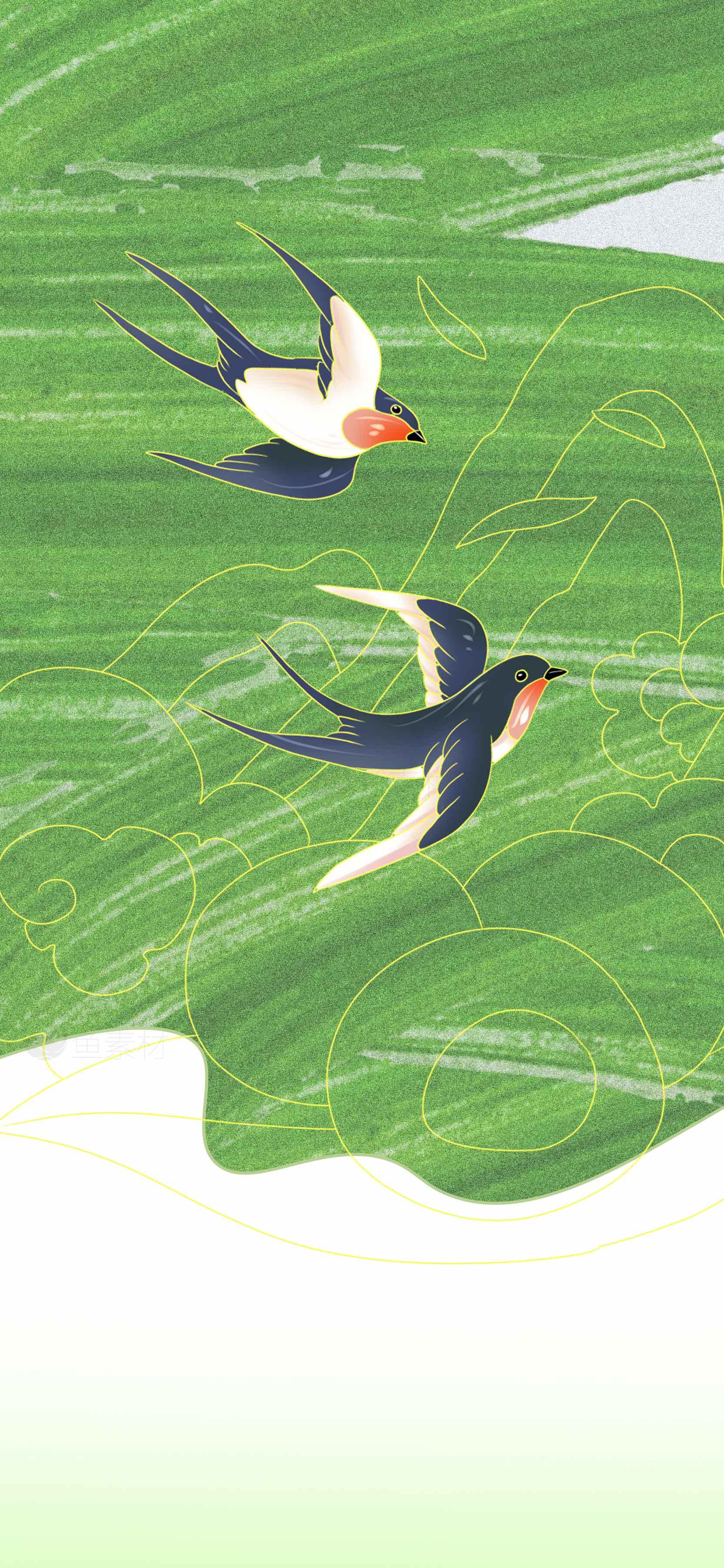 春日飞燕与自然绿色背景插画素材