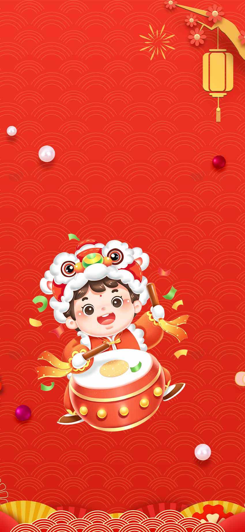 新年红色背景与舞狮元素设计素材