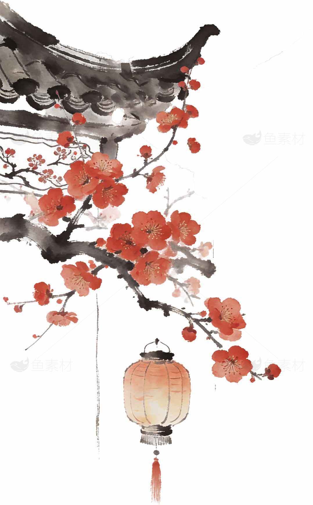 中国风水墨画梅花与灯笼意境图素材