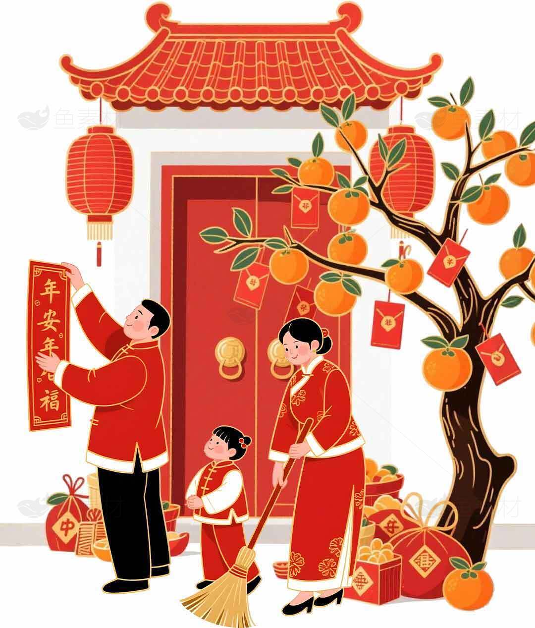 春节家庭团聚与传统装饰场景素材