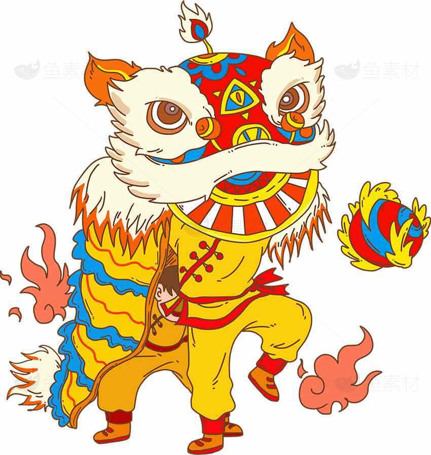 传统舞狮插画设计：中华文化艺术之美素材