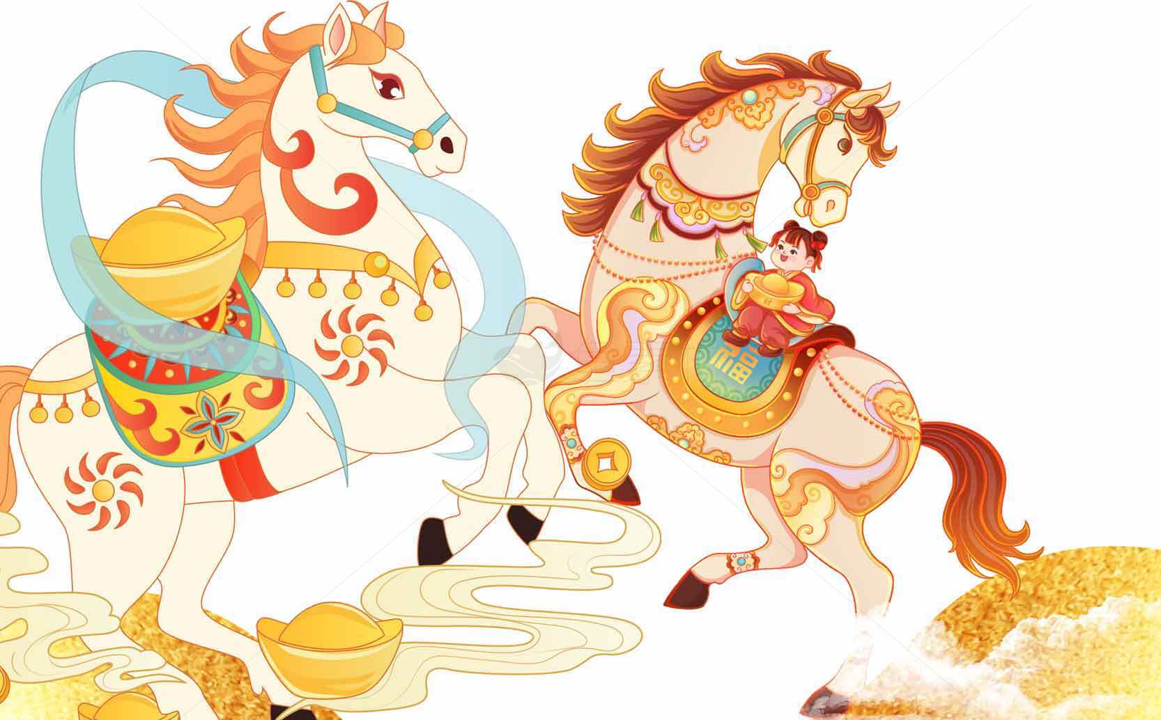 中国传统年画马主题插画素材