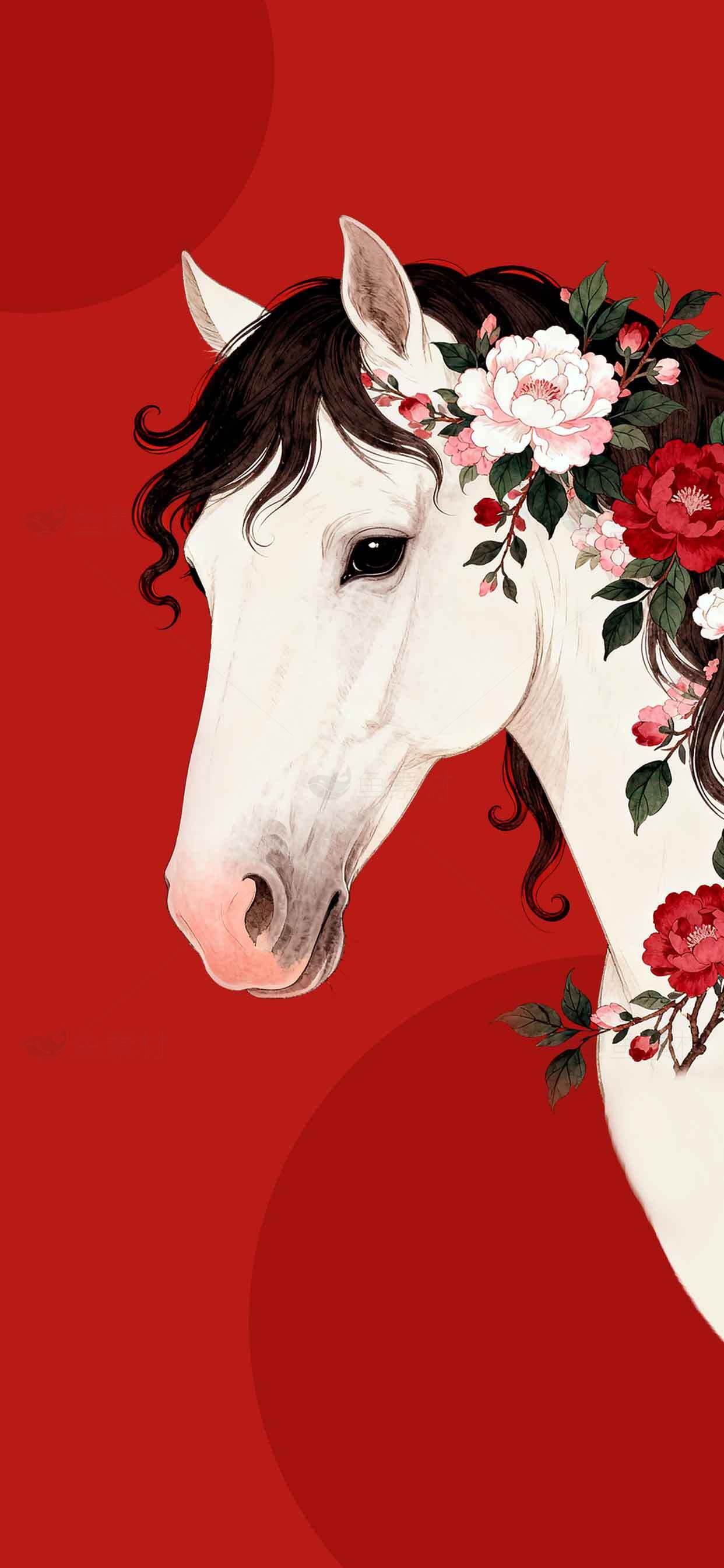 白马与红色花卉背景插画设计素材