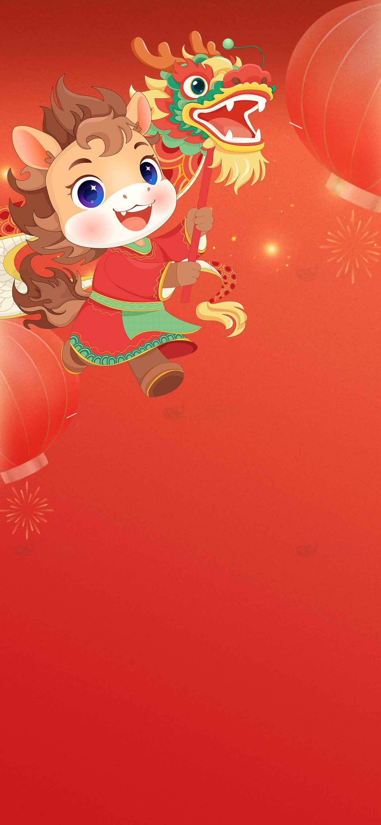 春节卡通背景图片：红色主题与龙舞庆祝素材