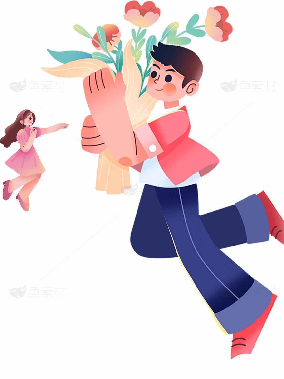 浪漫插画：男孩手捧鲜花奔跑素材