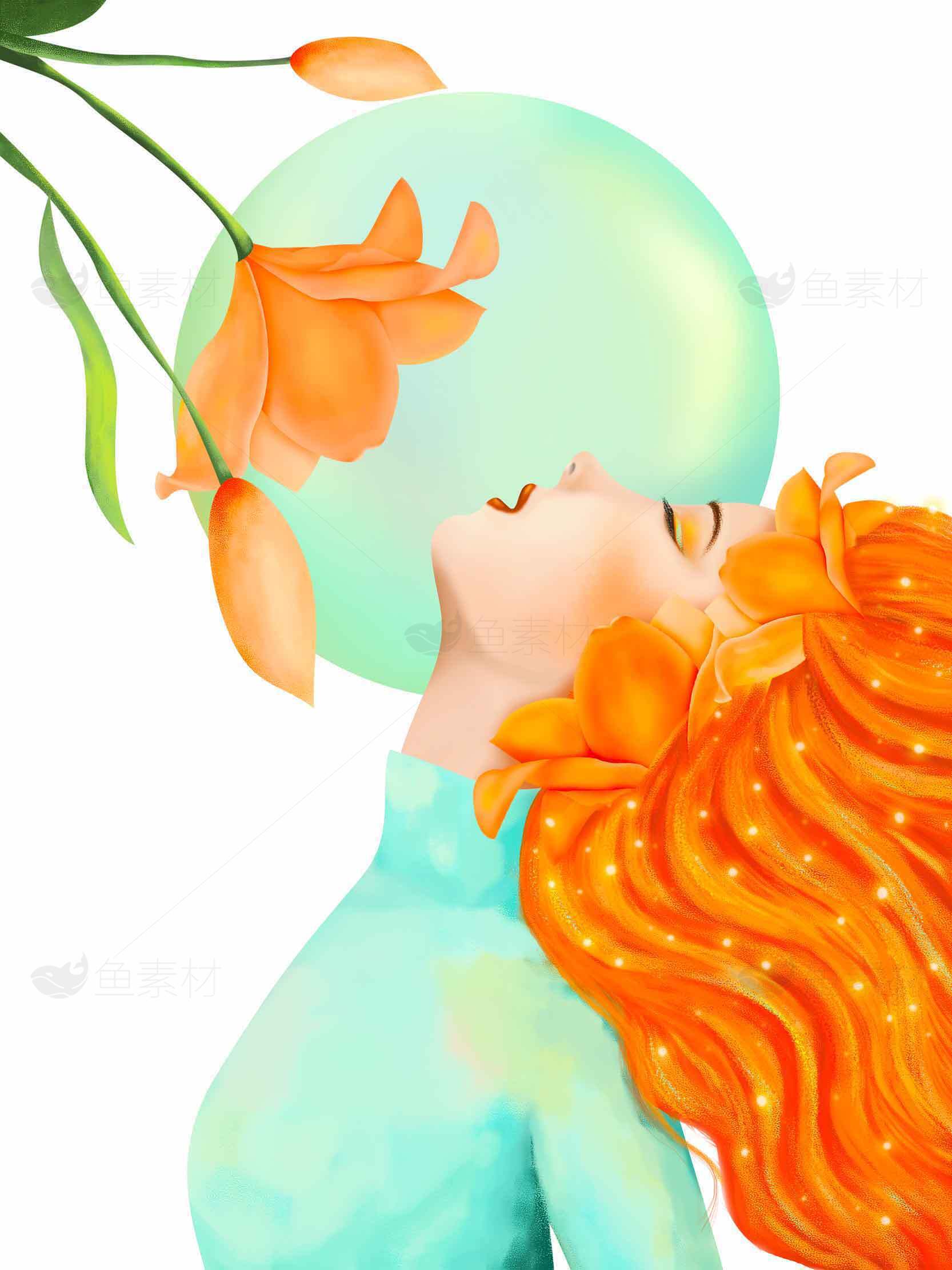 梦幻橙发女孩与花朵插画艺术素材