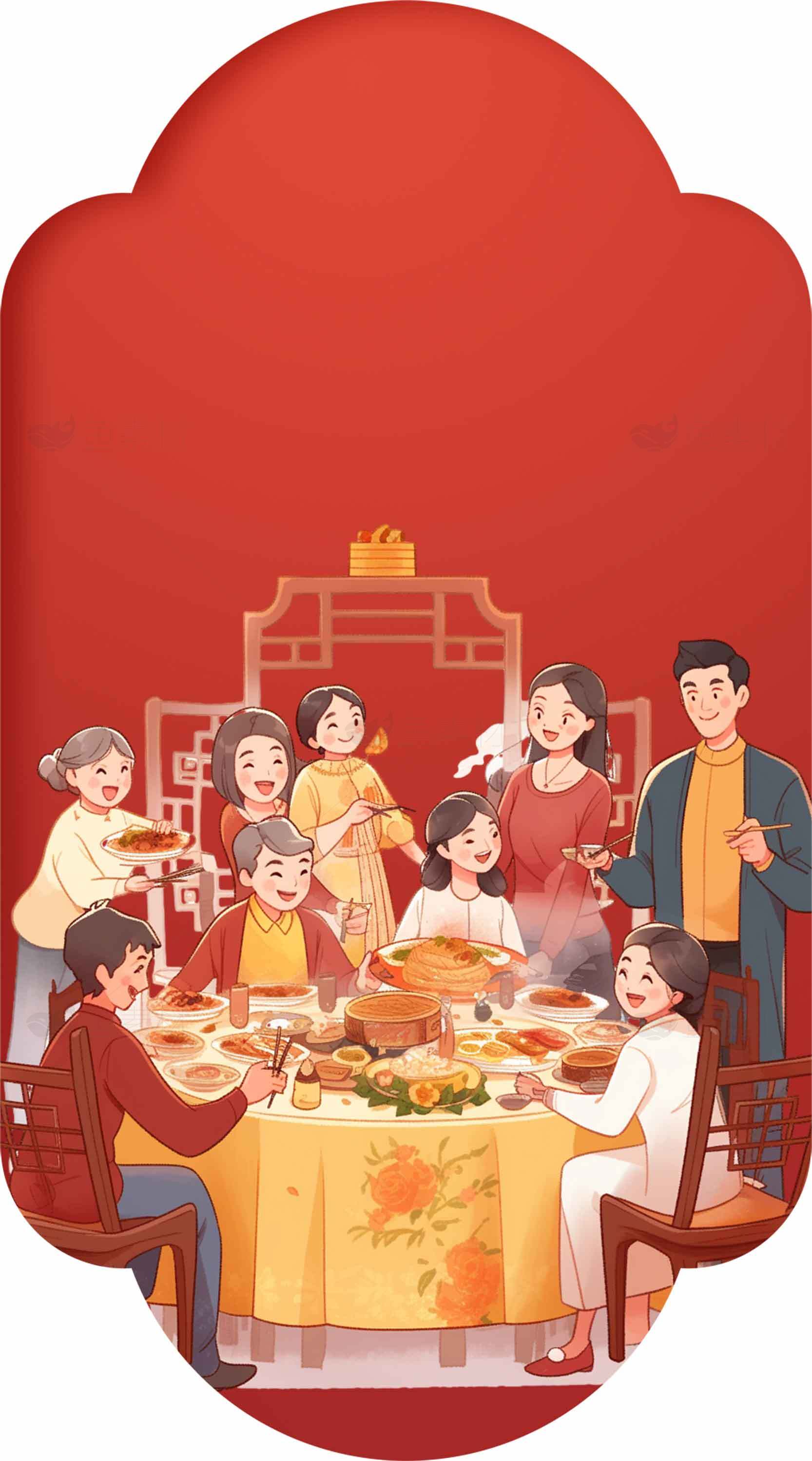 团圆饭温馨场景插画 | 家庭聚餐庆祝节日素材