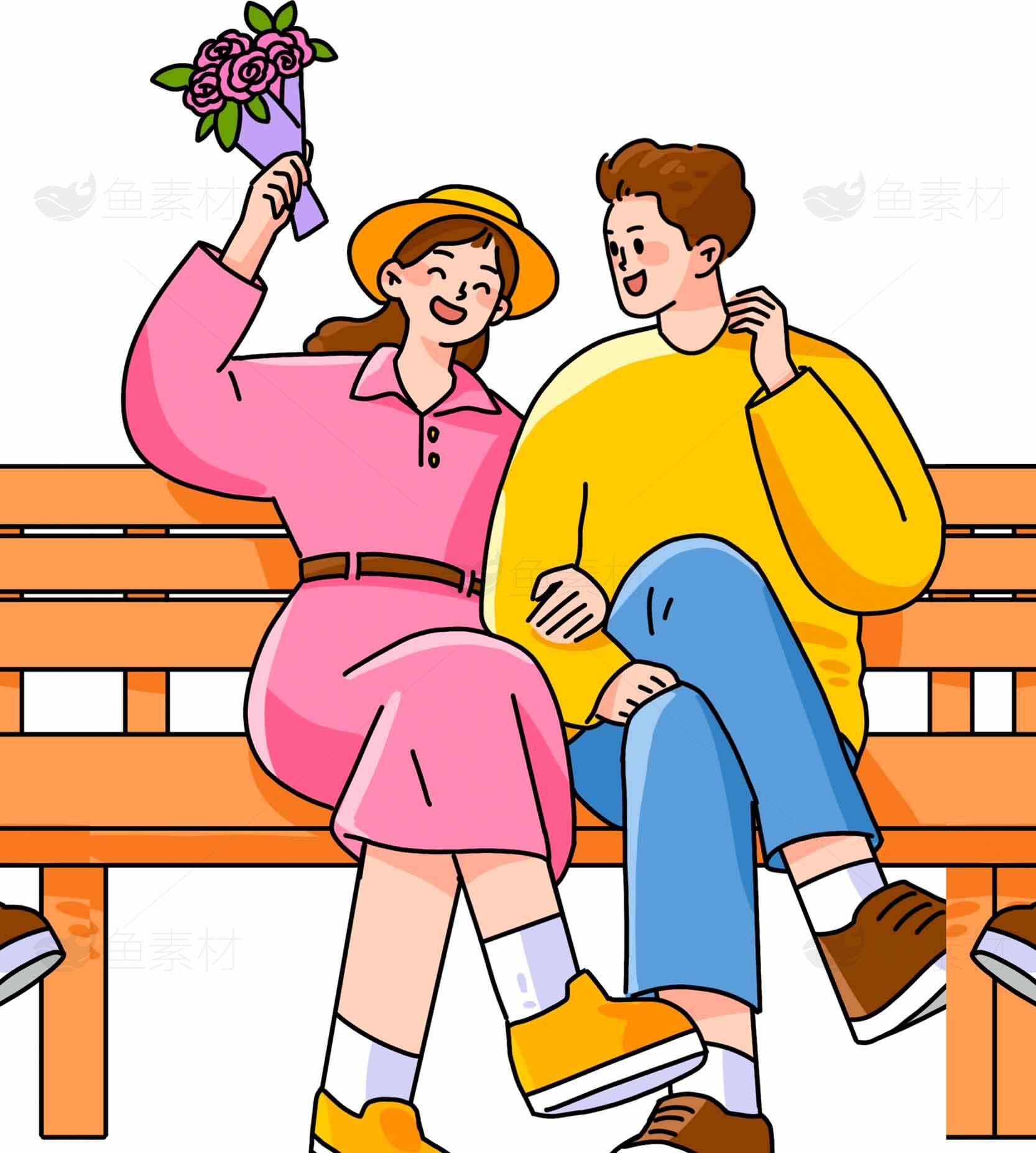 浪漫公园约会插画：情侣甜蜜时光素材