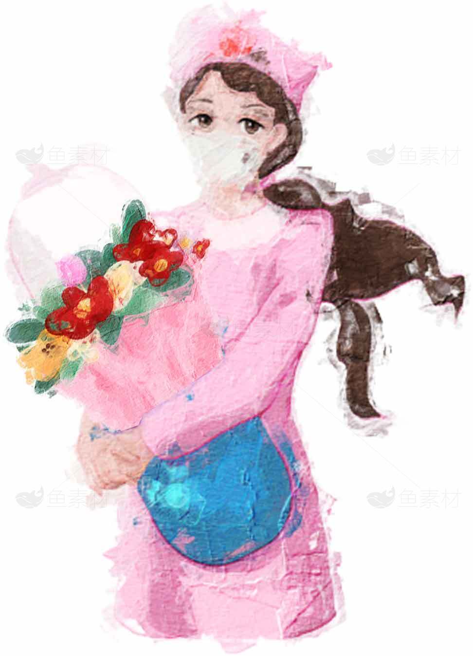 粉色主题插画：女孩与花束的艺术表达素材