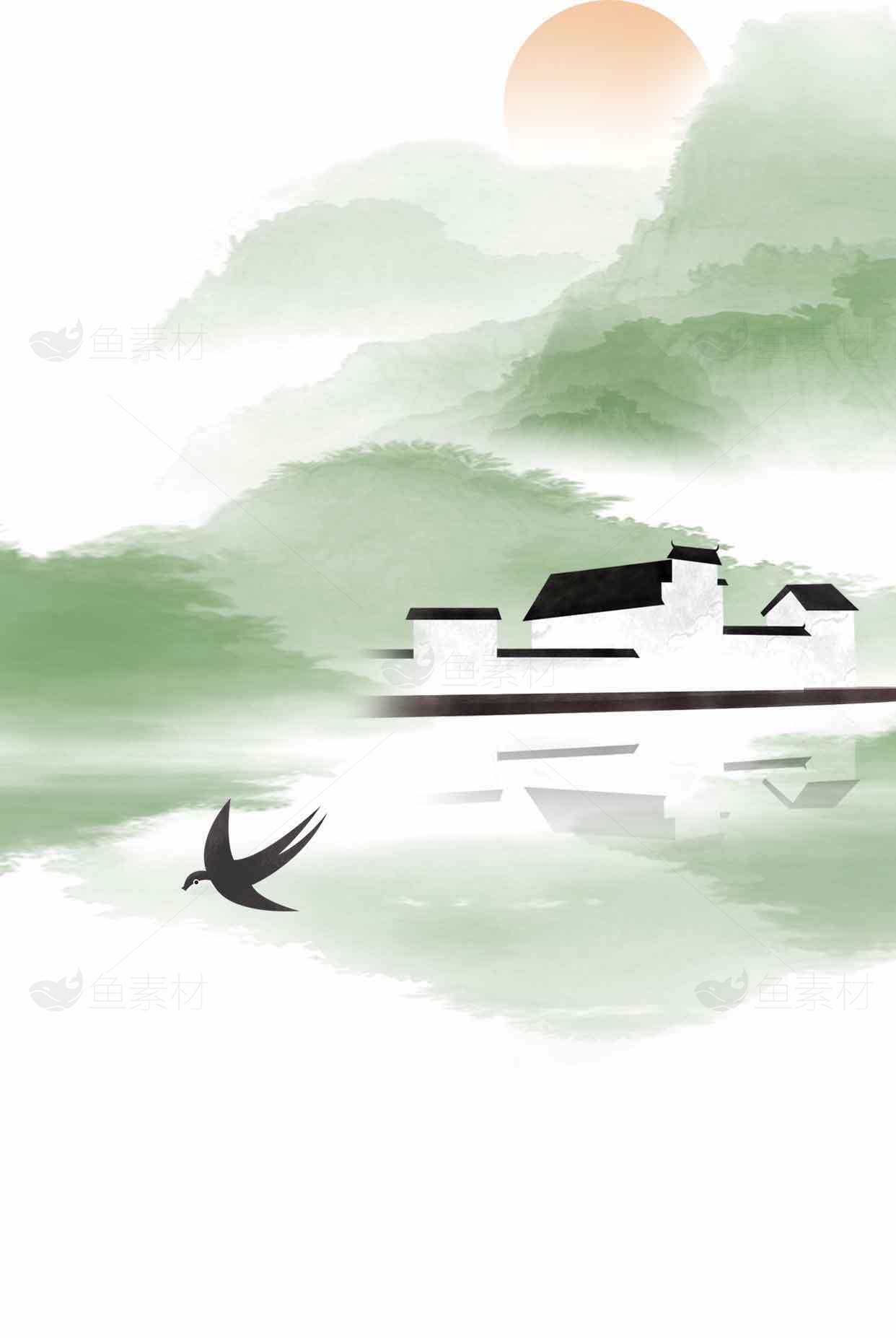 山水田园风光国画意境图片素材